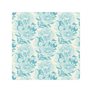 Peonies and butterflies block print, lagoon Blue Metal Print