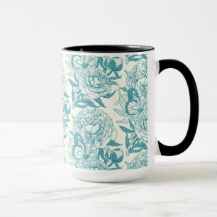 Peonies and butterflies block print, lagoon Blue Mug