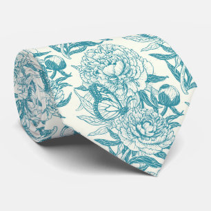 Peonies and butterflies block print, lagoon Blue Neck Tie