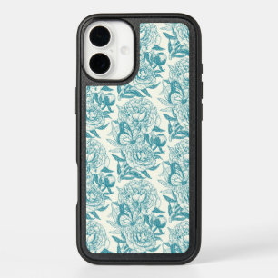 Peonies and butterflies block print, lagoon Blue iPhone 16 Plus Case