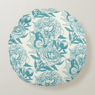 Peonies and butterflies block print, lagoon Blue Round Pillow