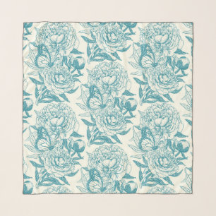 Peonies and butterflies block print, lagoon Blue  Scarf