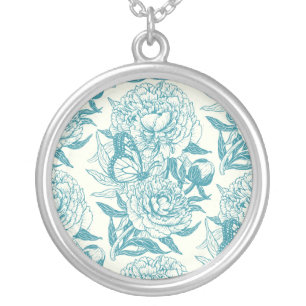 Peonies and butterflies block print, lagoon Blue  Silver Plated Necklace
