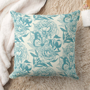 Peonies and butterflies block print, lagoon Blue Throw Pillow