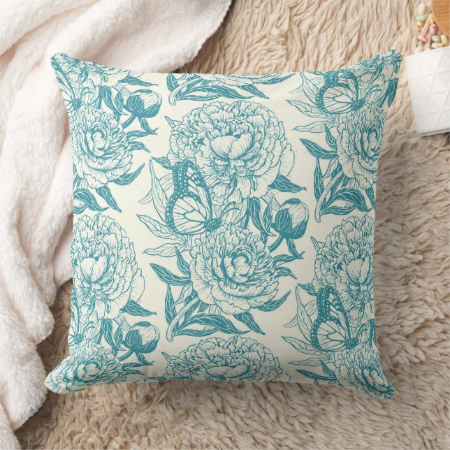 Peonies and butterflies block print, lagoon Blue Throw Pillow (Blanket)