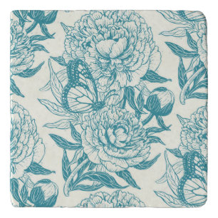 Peonies and butterflies block print, lagoon Blue Trivet