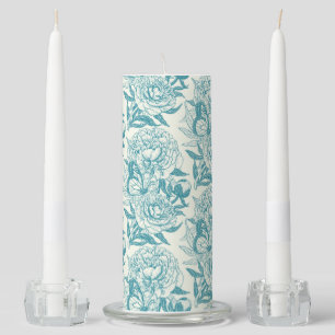 Peonies and butterflies block print, lagoon Blue Unity Candle Set