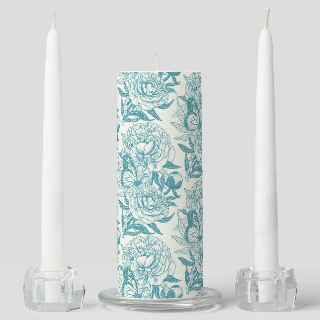 Peonies and butterflies block print, lagoon Blue Unity Candle Set (Front)