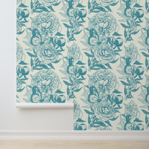 Peonies and butterflies block print, lagoon Blue Wallpaper