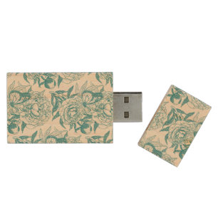Peonies and butterflies block print, lagoon Blue Wood Flash Drive