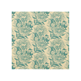 Peonies and butterflies block print, lagoon Blue Wood Wall Art