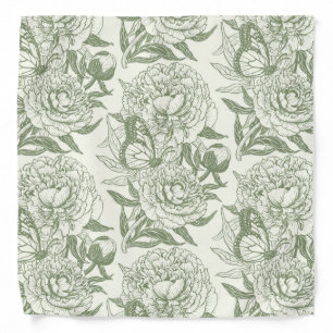 Peonies and butterflies block print, sage green an bandana