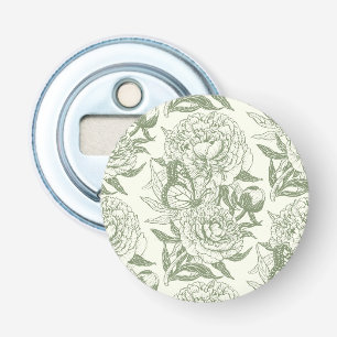 Peonies and butterflies block print, sage green an bottle opener