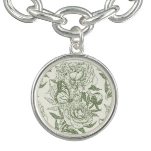 Peonies and butterflies block print, sage green an bracelet