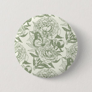Peonies and butterflies block print, sage green an button