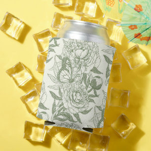 Peonies and butterflies block print, sage green an can cooler