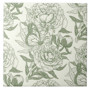 Peonies and butterflies block print, sage green an ceramic tile