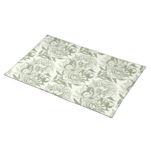 Peonies and butterflies block print, sage green an cloth placemat