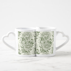 Peonies and butterflies block print, sage green an coffee mug set