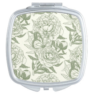 Peonies and butterflies block print, sage green an compact mirror
