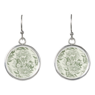 Peonies and butterflies block print, sage green an earrings