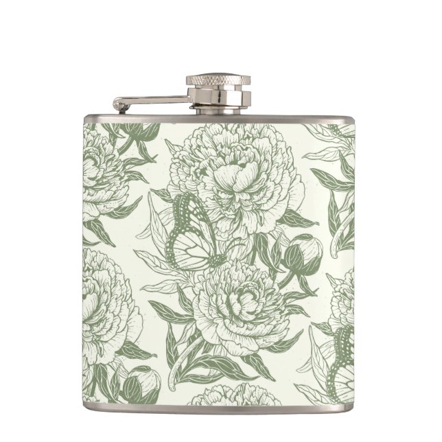 Peonies and butterflies block print, sage green an flask (Front)