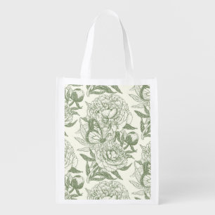 Peonies and butterflies block print, sage green an grocery bag