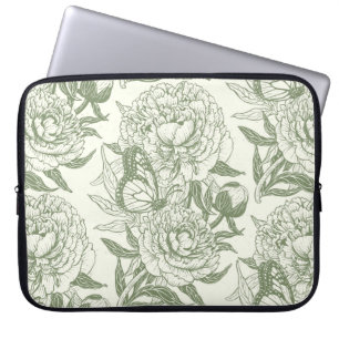 Peonies and butterflies block print, sage green an laptop sleeve