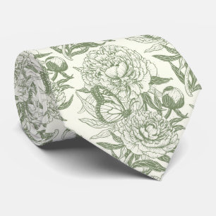 Peonies and butterflies block print, sage green an neck tie