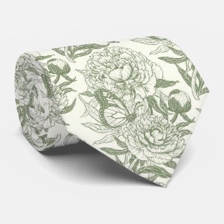 Peonies and butterflies block print, sage green an neck tie