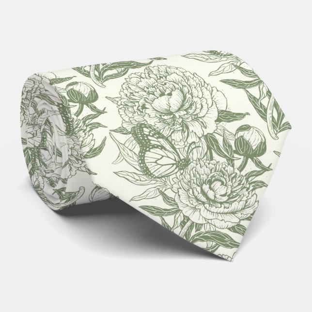 Peonies and butterflies block print, sage green an neck tie (Rolled)