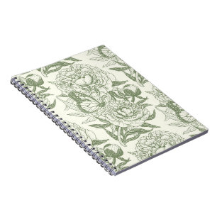 Peonies and butterflies block print, sage green an notebook