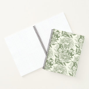 Peonies and butterflies block print, sage green an notebook