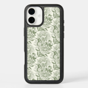Peonies and butterflies block print, sage green an iPhone 16 plus case
