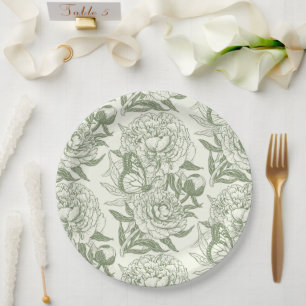 Peonies and butterflies block print, sage green an paper plates