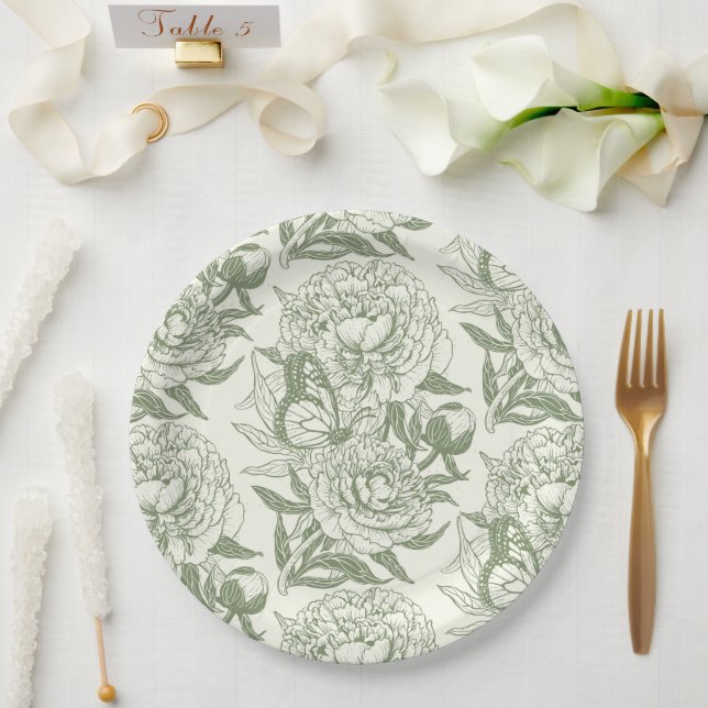 Peonies and butterflies block print, sage green an paper plates (Wedding)