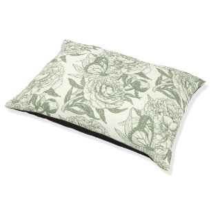 Peonies and butterflies block print, sage green an pet bed