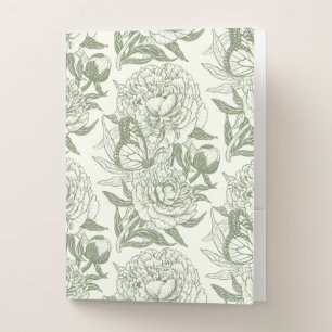 Peonies and butterflies block print, sage green an pocket folder