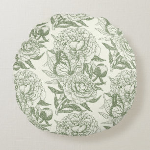 Peonies and butterflies block print, sage green an round pillow