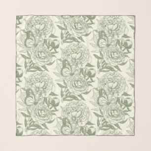 Peonies and butterflies block print, sage green an scarf