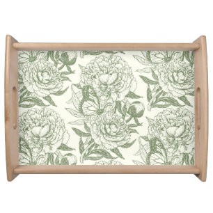 Peonies and butterflies block print, sage green an serving tray