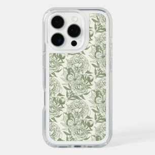 Peonies and butterflies block print, sage green an iPhone 16 pro case
