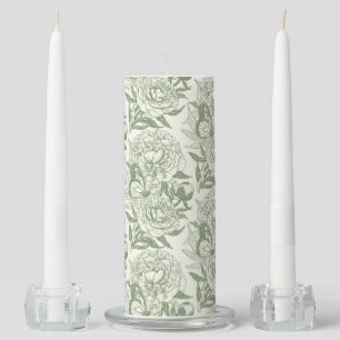 Peonies and butterflies block print, sage green an unity candle set