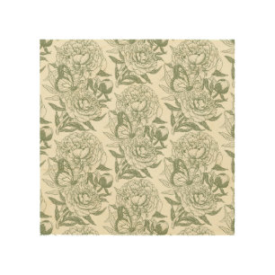 Peonies and butterflies block print,sage green wood wall art