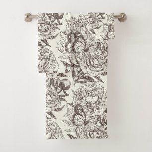 Peonies and butterflies block print, umber on off bath towel set
