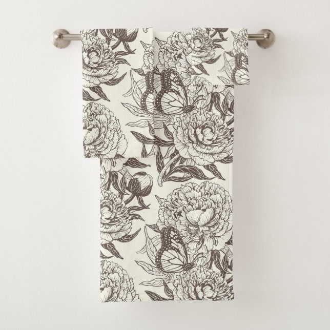 Peonies and butterflies block print, umber on off  bath towel set (Insitu)