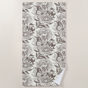 Peonies and butterflies block print, umber on off beach towel