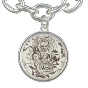 Peonies and butterflies block print, umber on off bracelet
