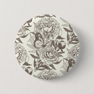 Peonies and butterflies block print, umber on off  button
