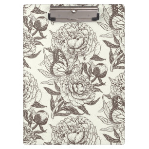 Peonies and butterflies block print, umber on off clipboard